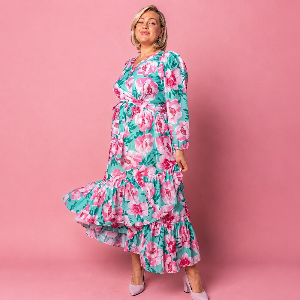 Ivy City Co. Mi Amor Maxi Dress Green Pink Floral Wrap Long Sleeve Size Medium